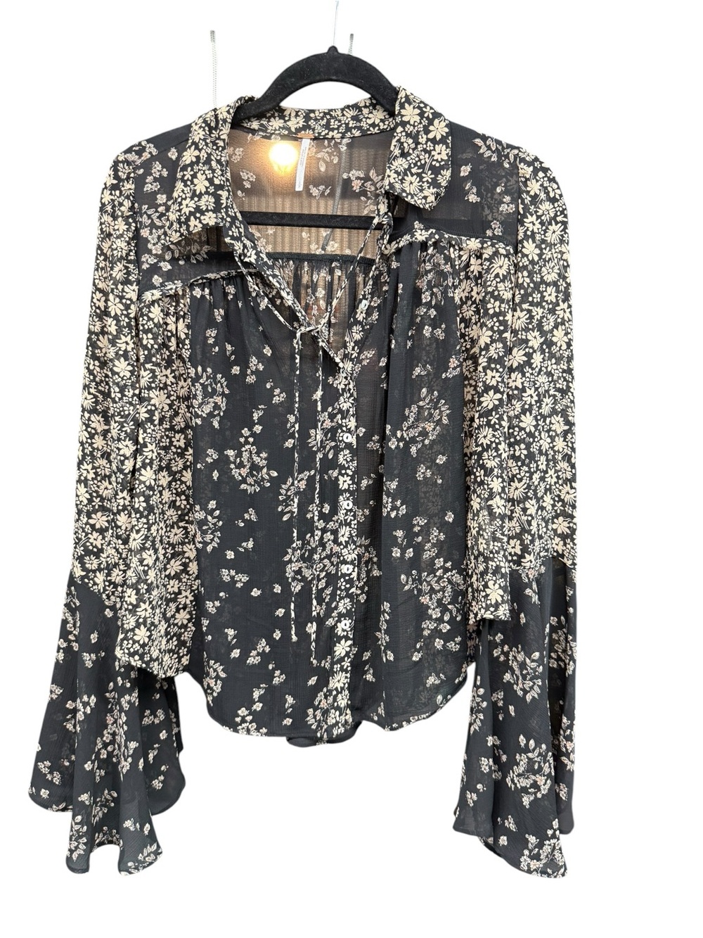 Free People Black Floral Tie-Front Sheer Blouse